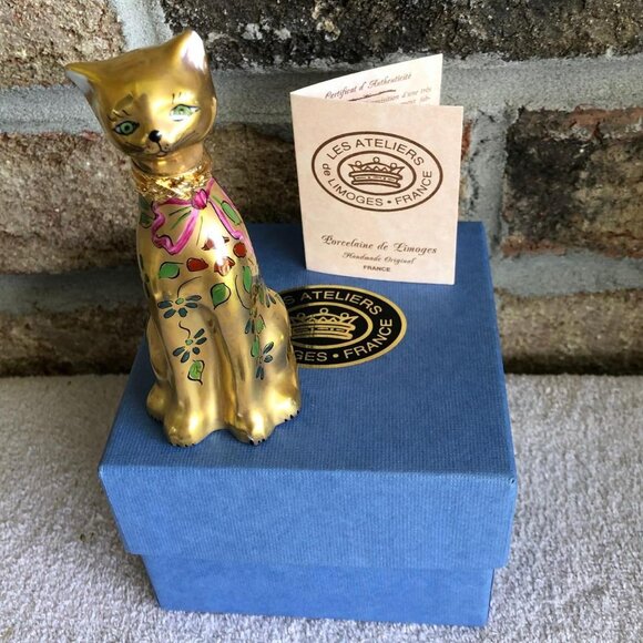 Limoges France Peint Main Vintage Gold Gilded Cat Trinket Box - Never Displayed